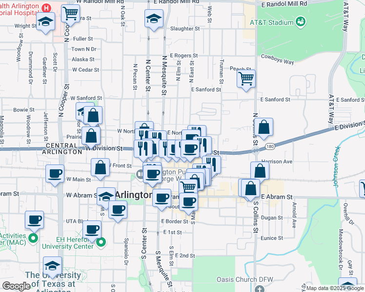 map of restaurants, bars, coffee shops, grocery stores, and more near 319 East Division Street in Arlington