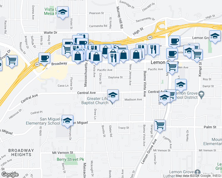 map of restaurants, bars, coffee shops, grocery stores, and more near 7376 Central Avenue in Lemon Grove