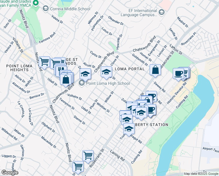 map of restaurants, bars, coffee shops, grocery stores, and more near 3328 Zola Street in San Diego