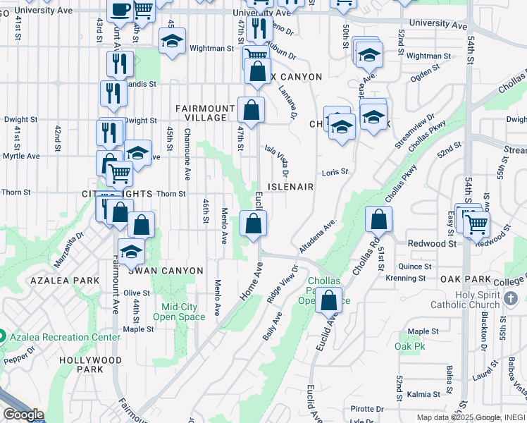 map of restaurants, bars, coffee shops, grocery stores, and more near 3211 Euclid Avenue in San Diego