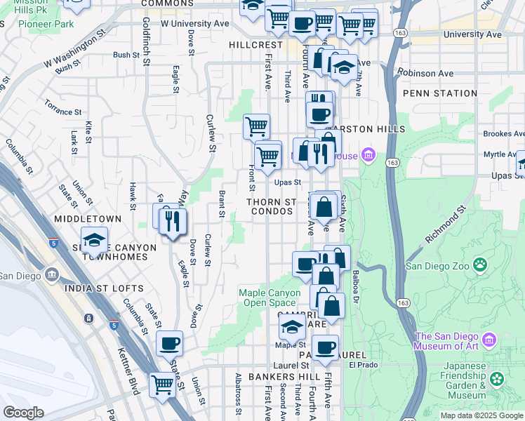 map of restaurants, bars, coffee shops, grocery stores, and more near in San Diego