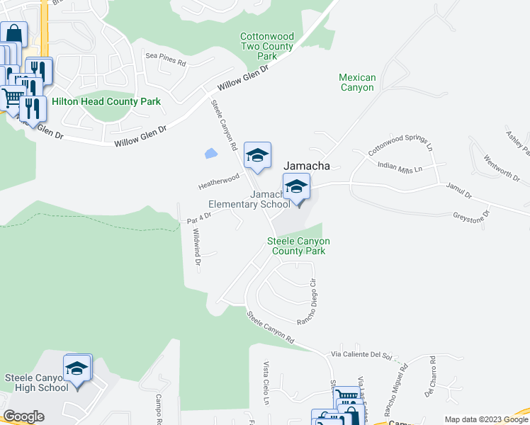 map of restaurants, bars, coffee shops, grocery stores, and more near 2848 Steele Canyon Road in El Cajon