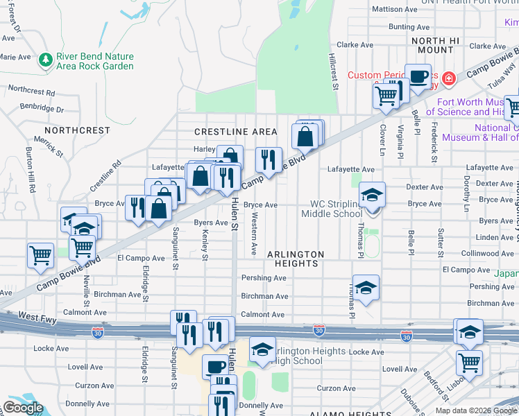 map of restaurants, bars, coffee shops, grocery stores, and more near 2101 Western Avenue in Fort Worth