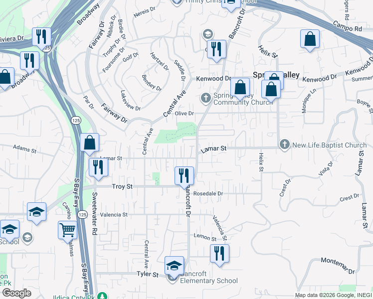 map of restaurants, bars, coffee shops, grocery stores, and more near in Spring Valley