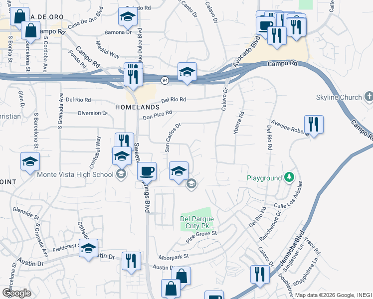 map of restaurants, bars, coffee shops, grocery stores, and more near 10405 Loma Rancho Drive in Spring Valley