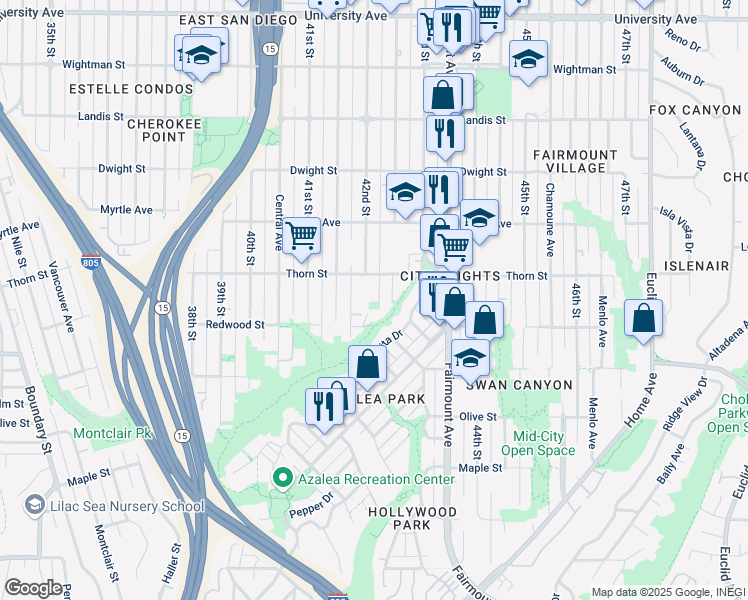 map of restaurants, bars, coffee shops, grocery stores, and more near 3184 Van Dyke Avenue in San Diego