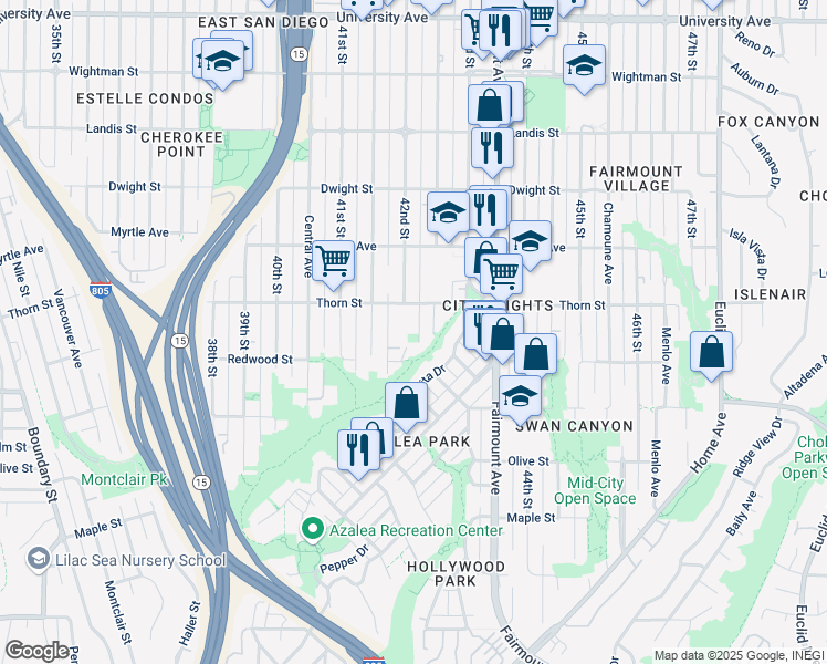 map of restaurants, bars, coffee shops, grocery stores, and more near 3203 42nd Street in San Diego