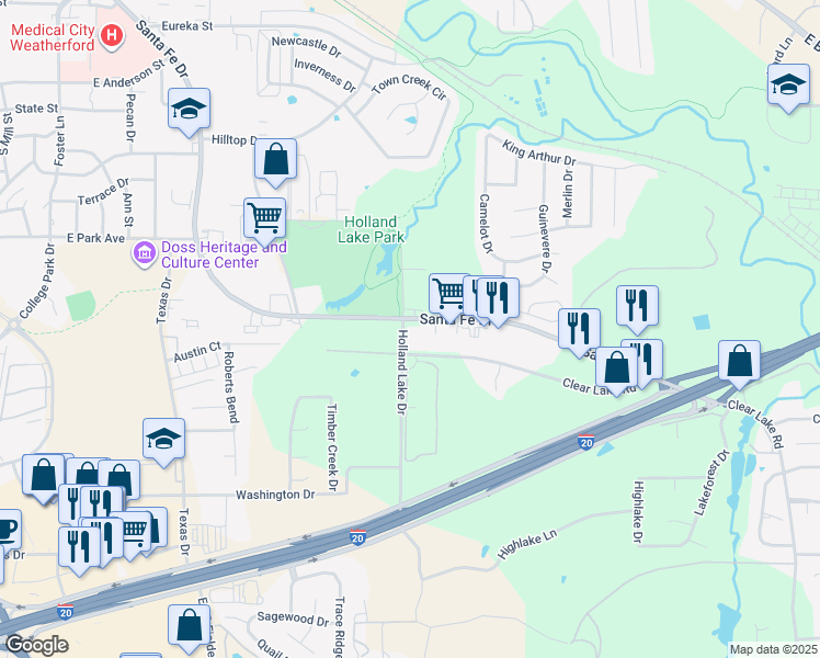 map of restaurants, bars, coffee shops, grocery stores, and more near 1702 Santa Fe Drive in Weatherford