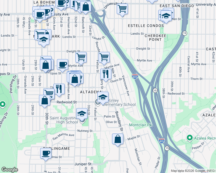 map of restaurants, bars, coffee shops, grocery stores, and more near 3235 Mckinley Street in San Diego