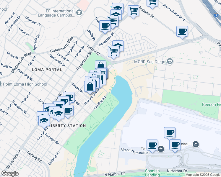 map of restaurants, bars, coffee shops, grocery stores, and more near 2701-2723 Chauncey Road in San Diego