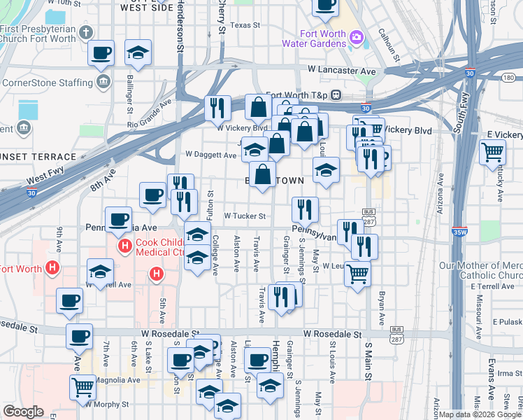 map of restaurants, bars, coffee shops, grocery stores, and more near 101-799 W Tucker St in Fort Worth