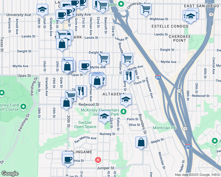 map of restaurants, bars, coffee shops, grocery stores, and more near in San Diego