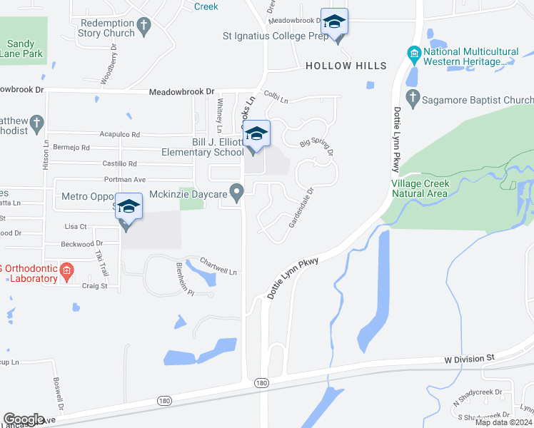 map of restaurants, bars, coffee shops, grocery stores, and more near 2805 Merry View Lane in Fort Worth