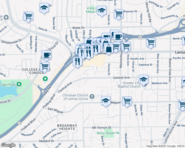 map of restaurants, bars, coffee shops, grocery stores, and more near 6970 Central Avenue in Lemon Grove