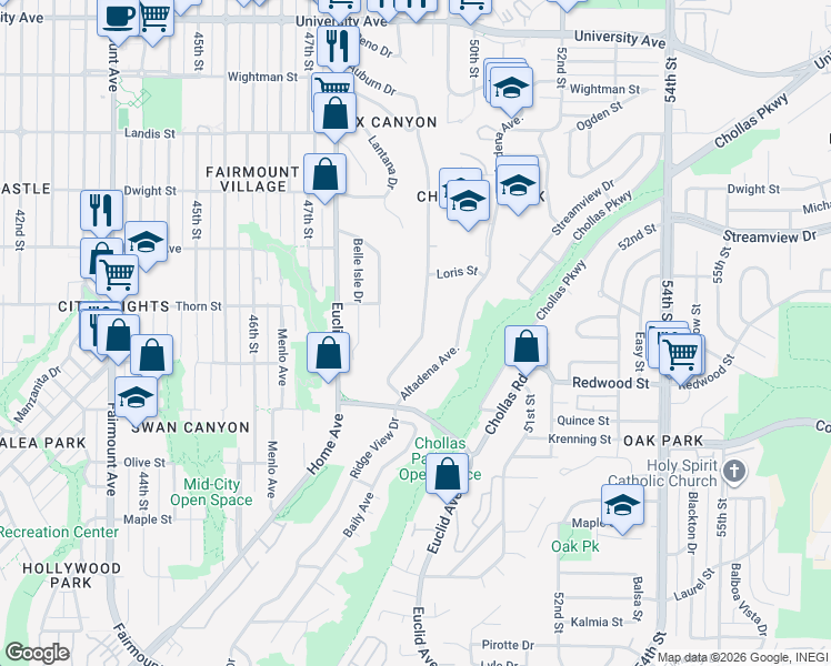 map of restaurants, bars, coffee shops, grocery stores, and more near 5351 Auburn Drive in San Diego