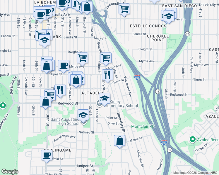 map of restaurants, bars, coffee shops, grocery stores, and more near 3235 Mckinley Street in San Diego
