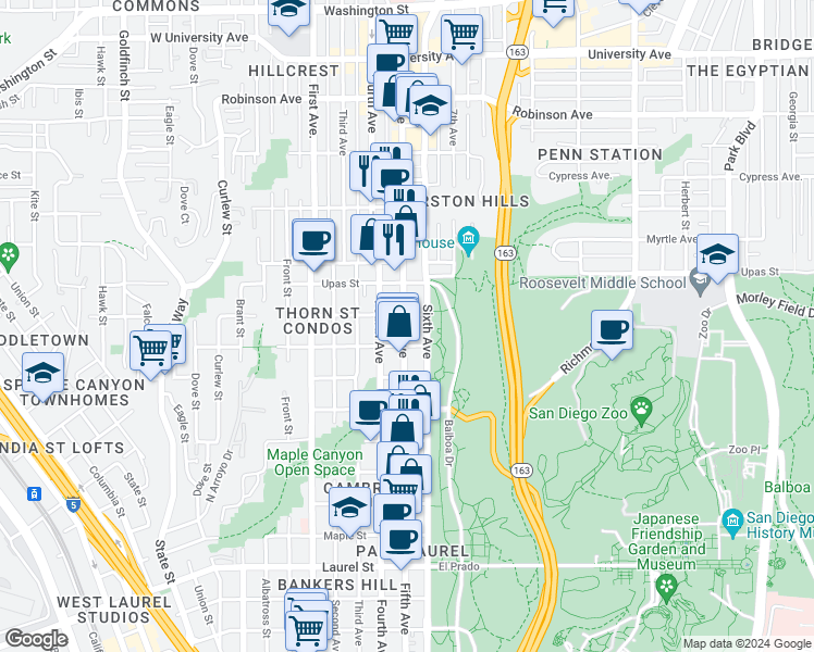 map of restaurants, bars, coffee shops, grocery stores, and more near 430 Spruce Street in San Diego