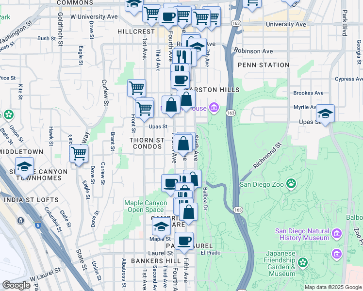 map of restaurants, bars, coffee shops, grocery stores, and more near 430 Spruce Street in San Diego
