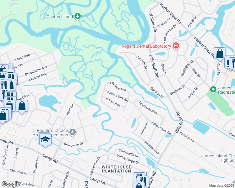map of restaurants, bars, coffee shops, grocery stores, and more near 1307 Julian Clark Road in Charleston