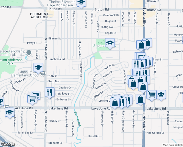 map of restaurants, bars, coffee shops, grocery stores, and more near 1526 Traymore Avenue in Dallas
