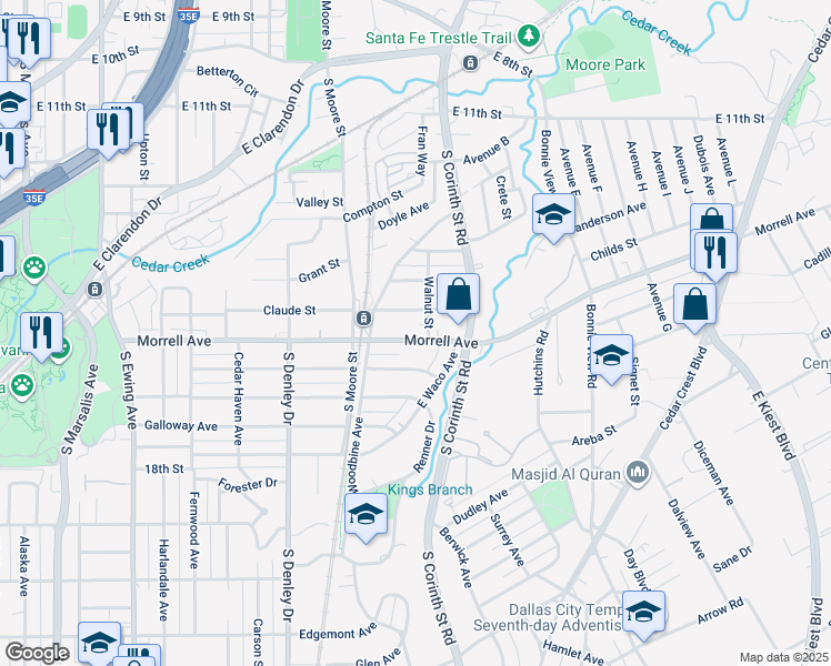 map of restaurants, bars, coffee shops, grocery stores, and more near 1430 Morrell Avenue in Dallas