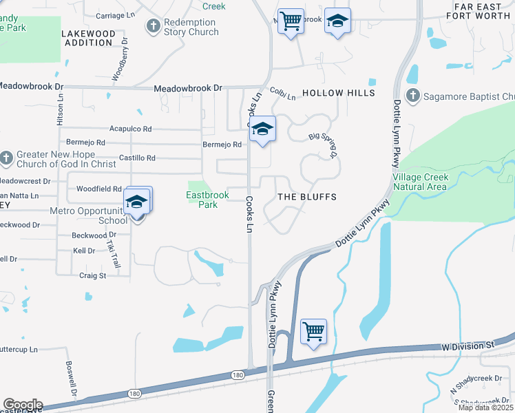 map of restaurants, bars, coffee shops, grocery stores, and more near 2832 Merry View Lane in Fort Worth
