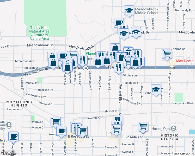 map of restaurants, bars, coffee shops, grocery stores, and more near 505 Boston Avenue in Fort Worth