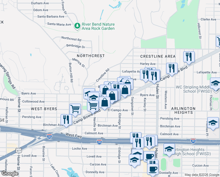map of restaurants, bars, coffee shops, grocery stores, and more near 4936 Byers Avenue in Fort Worth
