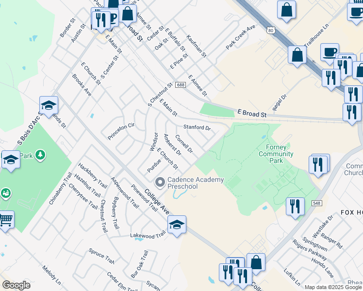 map of restaurants, bars, coffee shops, grocery stores, and more near 216 Cornell Drive in Forney