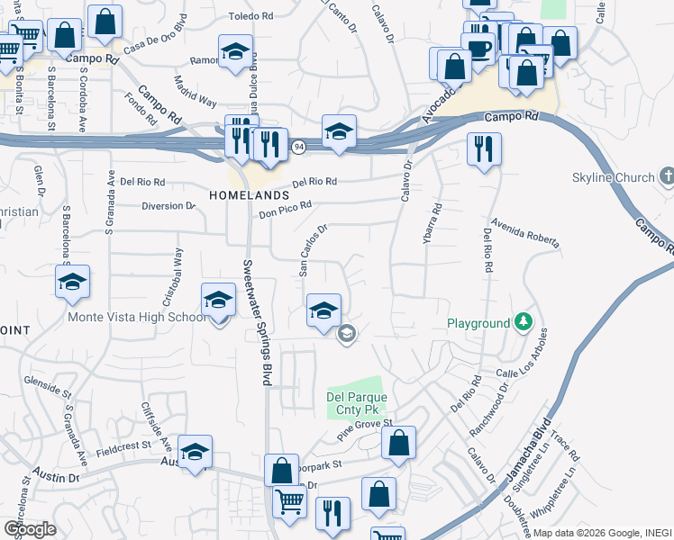 map of restaurants, bars, coffee shops, grocery stores, and more near 10405 Loma Rancho Drive in Spring Valley