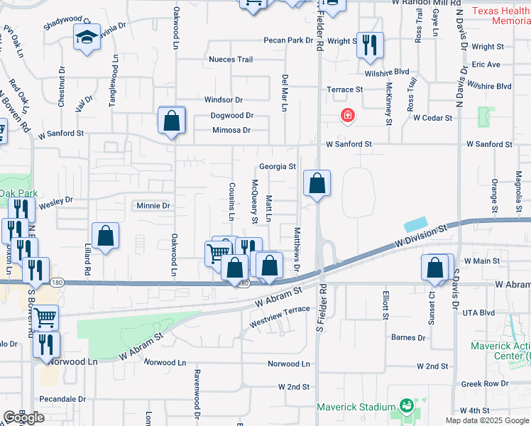 map of restaurants, bars, coffee shops, grocery stores, and more near 510 Matt Lane in Arlington