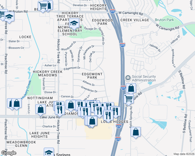 map of restaurants, bars, coffee shops, grocery stores, and more near 1300 Rusk Drive in Mesquite