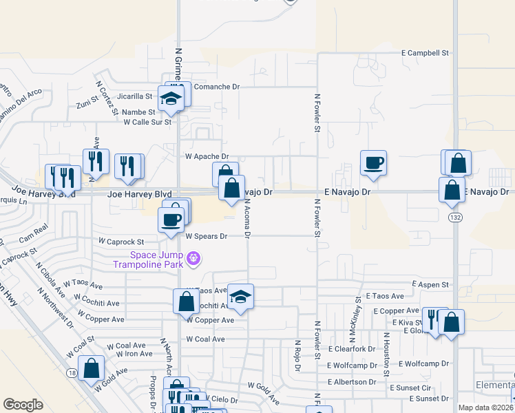 map of restaurants, bars, coffee shops, grocery stores, and more near 401 West Navajo Drive in Hobbs