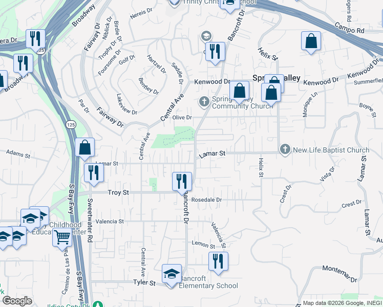 map of restaurants, bars, coffee shops, grocery stores, and more near in Spring Valley
