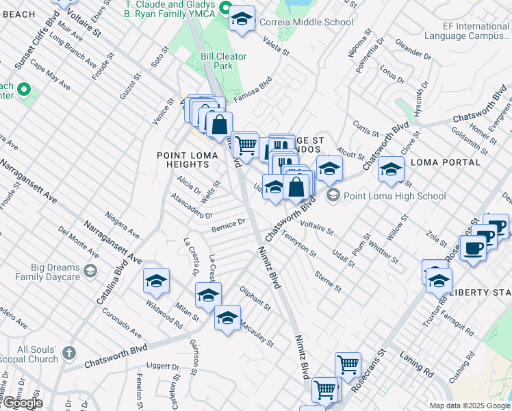 map of restaurants, bars, coffee shops, grocery stores, and more near 3782 Tennyson Street in San Diego