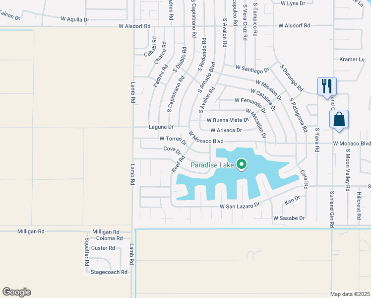 map of restaurants, bars, coffee shops, grocery stores, and more near 10810 Cove Drive in Arizona City
