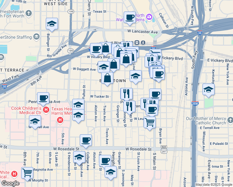 map of restaurants, bars, coffee shops, grocery stores, and more near 510 Pennsylvania Avenue in Fort Worth