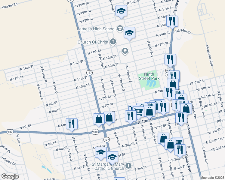 map of restaurants, bars, coffee shops, grocery stores, and more near 900-998 North 8th Street in Lamesa