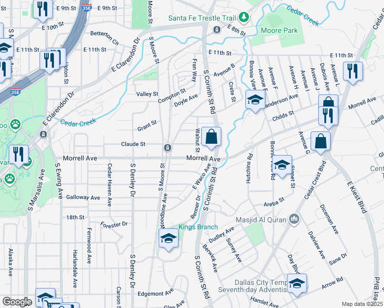 map of restaurants, bars, coffee shops, grocery stores, and more near 1430 Morrell Avenue in Dallas