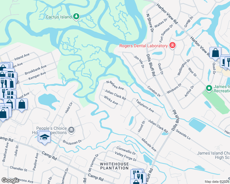 map of restaurants, bars, coffee shops, grocery stores, and more near 1307 Julian Clark Road in Charleston