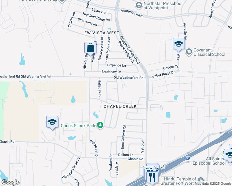 map of restaurants, bars, coffee shops, grocery stores, and more near 2212 Rolling Creek Run in Fort Worth