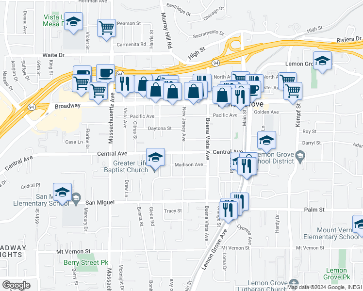 map of restaurants, bars, coffee shops, grocery stores, and more near 3150 New Jersey Avenue in Lemon Grove