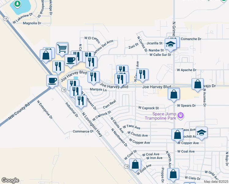 map of restaurants, bars, coffee shops, grocery stores, and more near 3520 Cordoba Lane in Hobbs