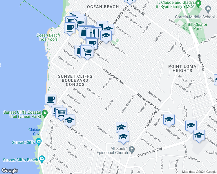 map of restaurants, bars, coffee shops, grocery stores, and more near 4573 Del Monte Avenue in San Diego