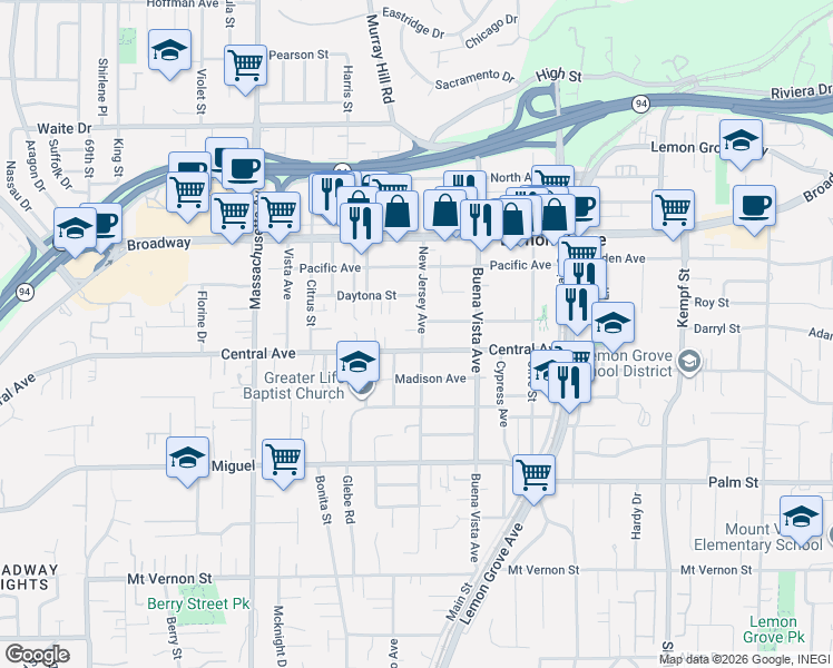 map of restaurants, bars, coffee shops, grocery stores, and more near 3150 New Jersey Avenue in Lemon Grove