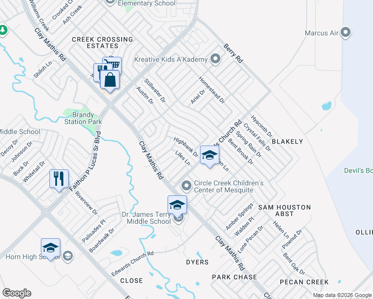 map of restaurants, bars, coffee shops, grocery stores, and more near 2202 Fallen Wood Drive in Mesquite