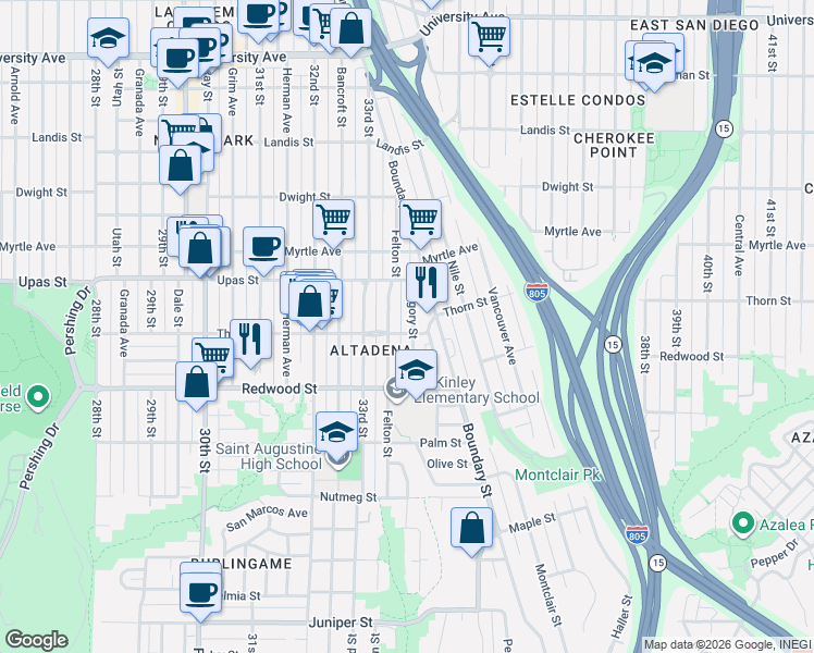 map of restaurants, bars, coffee shops, grocery stores, and more near 3234 Gregory Street in San Diego