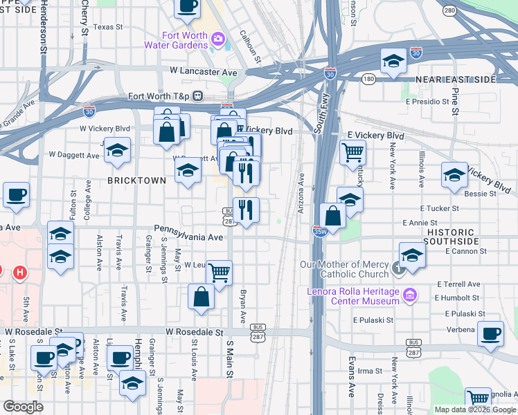map of restaurants, bars, coffee shops, grocery stores, and more near in Fort Worth
