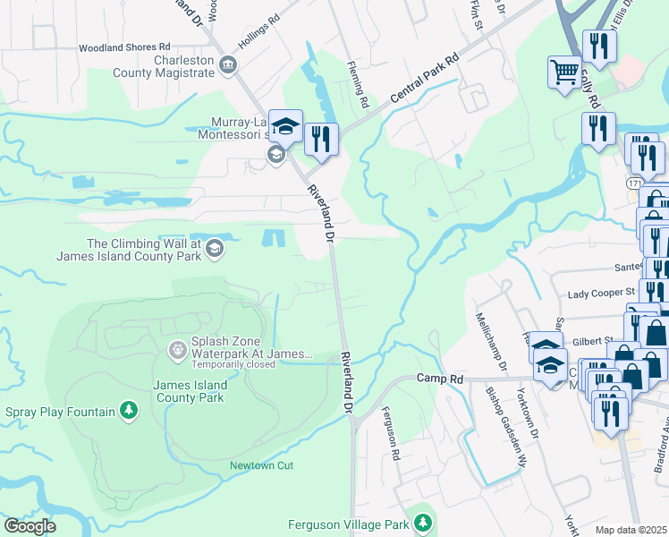 map of restaurants, bars, coffee shops, grocery stores, and more near Riverland Drive in Charleston