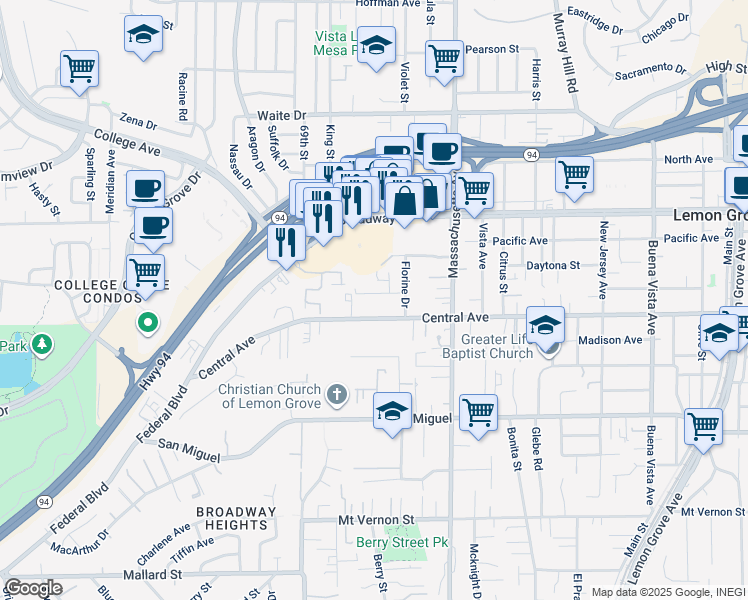 map of restaurants, bars, coffee shops, grocery stores, and more near 7030 Central Avenue in Lemon Grove